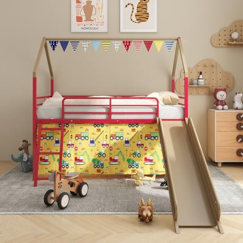 Clyrava Loft Bed Twin Size with Slide & Stairs, Low House Loft Bed for Kids, Metal Playhouse Bed with Curtain & Under-Bed Play Space, Easy Assembly, No Box Spring Needed (Natural, Twin)