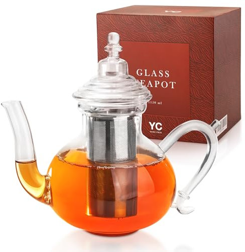 YC Yang Chai Théière en Verre, Résistante à la Cuisson et aux Micro-ondes, avec Infuseur Amovible pour Thé en Vrac – Adapté au thé Vert, thé Noir, thé Aux Fruits – Bouilloire et Machine à Thé 1150 ml