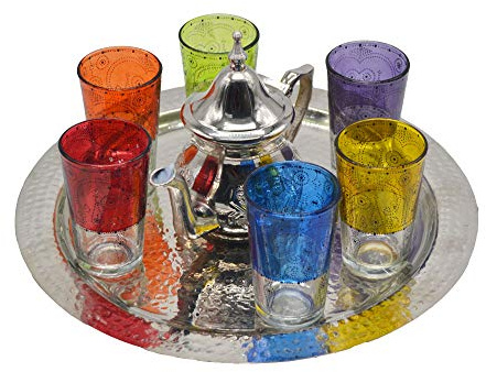 Horus Artesanía de Egipto Servizio da tè Modello Marocchino: Vassoio di Circa 30 cm più 1 teiera per 2 Bicchieri più 6 Bicchieri Colorati. È Adatto all'Uso. B07HDFQR89