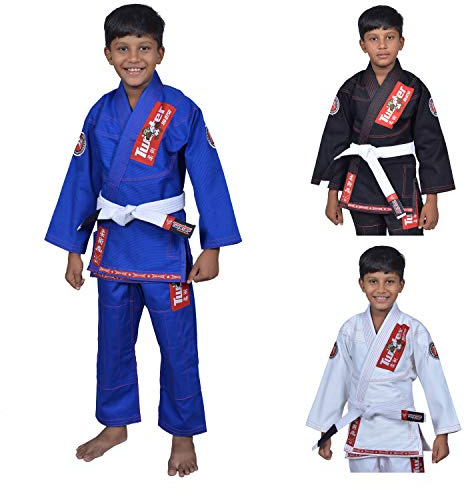 Twister Kids Jiu Jitsu Gi Ultra Light Fabric Youth BJJ Gi with free White Belt Included (Blue/Red, C2)