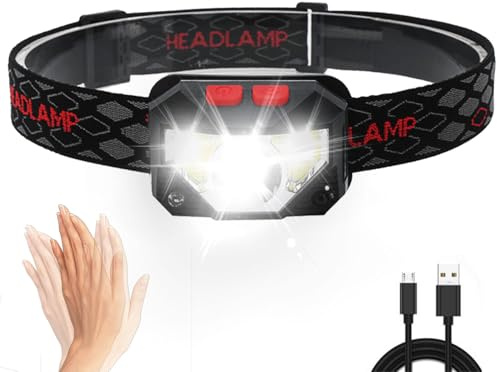 POCKETMAN COB Stirnlampe USB Wiederaufladbar Kopflampe mit 8 Lichtmodi Gestensensor und Rotlicht, IPX5 spritzwassergeschütztes Gehäuse