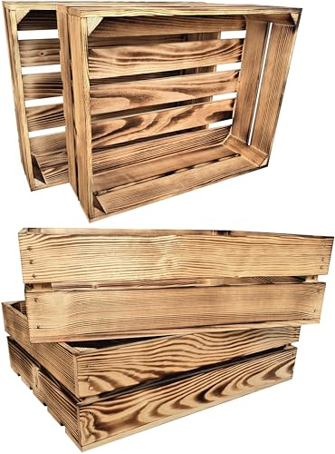 3er Set Holzkiste Groß Aus Holz - massive Weinkisten Vintage 50x40x15cm - Holzbox Für Aufbewahrung, Holzregal - Robuste Obstkisten & Apfelkisten - Deko Kiste Für Küche, Wohnzimmer - Kiste Geflammt