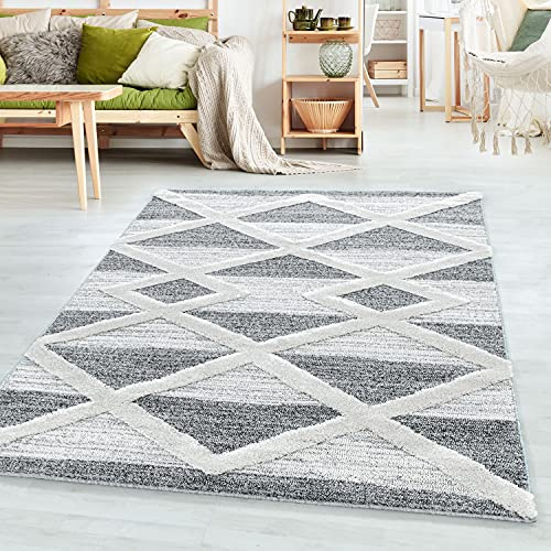 SIMPEX Teppich 120x170 cm Creme Grau 3D Hoch-Tief Effekt Hochflor Skandi Stil Rauten Design Modern Weich Pflegeleicht für Wohnzimmer Schlafzimmer Esszimmer Kinderzimmer Jugendzimmer