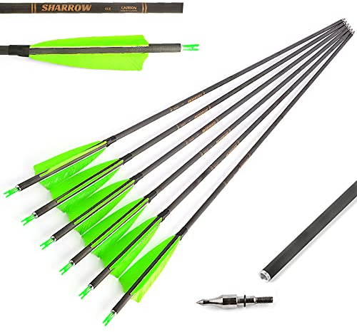SHARROW 12 Stücke Carbonpfeile 34 Zoll Bogenpfeile mit Naturfedern Jagd Pfeile für Bogen 400 Spine Carbon Pfeile für Recurvebogen Compound Bogen (Grün)