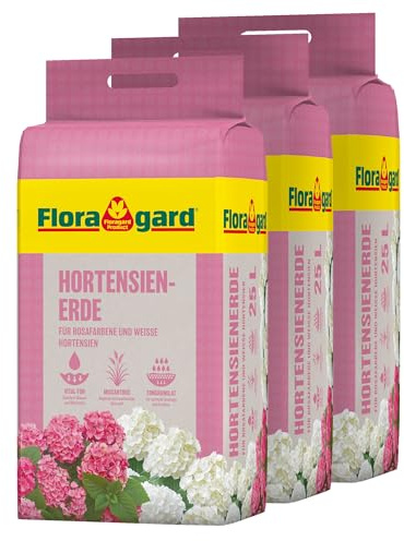Floragard Hortensienerde Rosa/Weiß 75 L (3×25 L) – pH-saure Spezialerde mit lockerer Struktur & guter Wasserspeicherung – ideal zum Pflanzen & Umtopfen von rosa & weißen Hortensien in Beet & Kübel