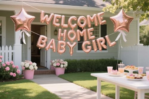 Fechy Welcome Home Baby Girl Banner Ballon mit Stern Folienballon für Herzlich Willkommen Zuhause Baby Mädchen Familie Partei Babyparty Girl Luftballons Dekoration (Roségold)