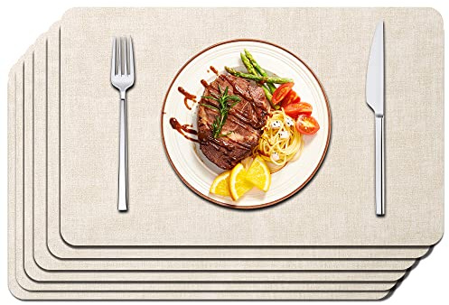 Maxpearl Faux Leather Placemats Set of 6 - Waterproof - Wipe Clean - Heat Resistant - Anti Slip Dining Table Place Mats, Suitable for Indoor & Outdoor Use, 17’’×12’’, Beige