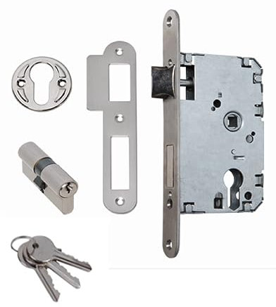 cerradura embutir monopunto emtrada de 50mm distancia entre ejes 47mm, cantos redondos, bombillo con 3 llaves incluido (NIQUEL MATE)