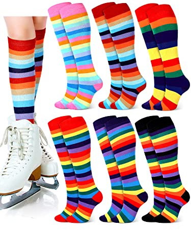 Unittype 6 Pair Rainbow Knee High Socks Women Men Gay Pride Colorful Stockings Striped LGBTQ Lesbian Long Tube Socks(Rainbow)