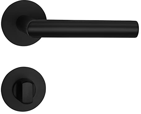 SOTECH Türdrückergarnitur THORE Bad (WC) Edelstahl SS304 schwarz | 130x60 mm Ø 20 mm, für Türstärken 35-47mm, Flachrosetten Höhe 3 mm, magnetische Cliptechnik) mit Befestigungsmaterial