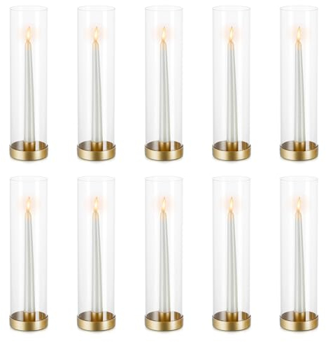 NUPTIO Kerzenständer Goldene Glaszylinder Metall- 10 Stücke Kegel Kerzenhalter Stabkerze Pack Kerzen Klarglas Hurricane Schatten Spitze Kerzen Modern Hochzeit Weihnachten Tisch Abendessen Kamin