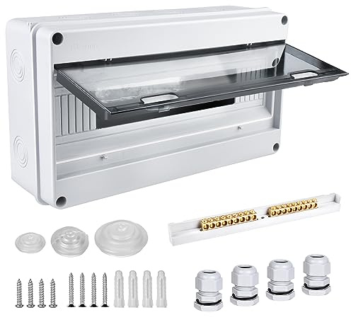 Sicherungskasten Aufputz, Verteilerkasten IP65 mit 1 Reihig 18 Module, Messingklemmen, Verteiler Kleinverteiler Aufputz Unterverteilung für Feuchtraum, Gärten, Außenbereich, Villen, Ladesäulen