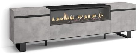 Skraut Home | TV-Schrank, Lowboard | für Wohnzimmer und Esszimmer | 200x57x35cm | Für TV-Geräte bis zu 80 | Elektrokamin. Maße | Industriedesign | Moderner Stil | Zement