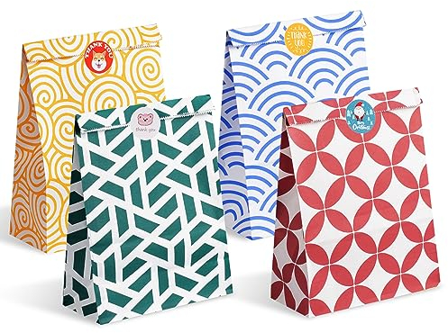 Parmedu Sacs cadeaux en papier de couleurs assorties : 48 sacs cadeaux moyens – 24 x 17 x 8 cm avec 48 autocollants, sacs à emporter de qualité alimentaire pour Noël, festivals, anniversaires, fêtes,