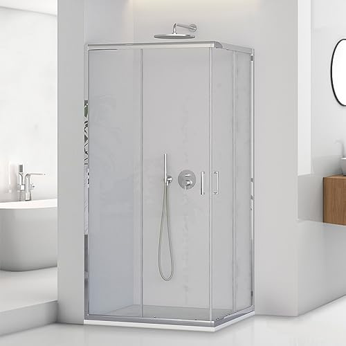 Box doccia angolare 80x120 cm in vetro trasparente H 195 cm, 2 porte scorrevoli con profilo cromato e installazione reversibile, Tay