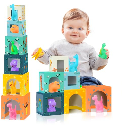 AGARELE Baby Stapelwürfel und Stapelturm für 1 2 3 Jahre Kleinkinder alt Vorschule Lernen, Zahlen Nesting Boxen Dinosaurier Montessori Bad Spielzeug Geschenke für Baby Junge Mädchen