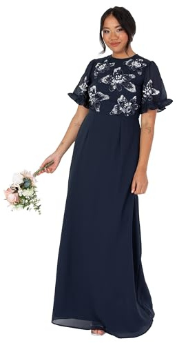 Maya Deluxe maxiklänning för kvinnor kortärmad rund hals blommig paljett utsmyckad A-linje för bröllop gäst balklänning, marinblå, 44 SE