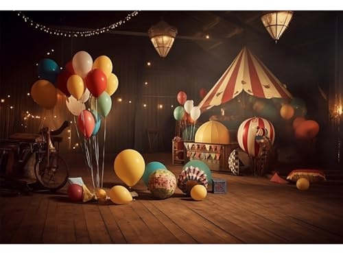 YongFoto 3x2m Sfondo fotografico Circo Colorato Palloncino Retro Tenda rossa Casa in legno Fotografia Sfondo Circo Decorazione Festa Carnevale Decorazione giostra Bambini Tessuto da fotografico