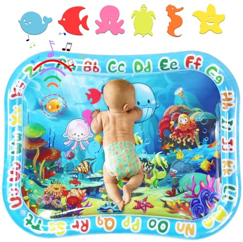 Grande Bebe Alfombra de Agua Inflable AUCRSOZK 95x76cm Tummy Time Colchoneta Juegos de Agua Juguetes para Bebés 3 6 9 12 Años Baby Water Mat Manta de Agua para Bebé Regalos Incluyendo Parch (Azul)