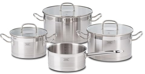 KHG Topfset 4-teilig Edelstahl Induktion Kochtopf 16 cm, 20 cm, für Küche | 20 cm, 24 cm mit Glasdeckel, 16 cm Kasserolle Innenskala, spülmaschinengeeignet, pflegeleicht beim Kochen, für Zuhause
