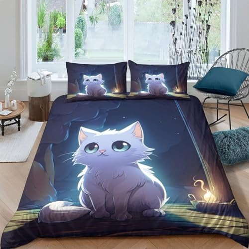 CRJUS Gatto bianco che guarda in alto Copripiumino Set Copripiumino 3 Pezzi 3D Stampa Digitale Creativo Set Di Biancheria Da Letto Microfibra Morbido E Federe Con Cerniera Per Bambini King（220x240cm）