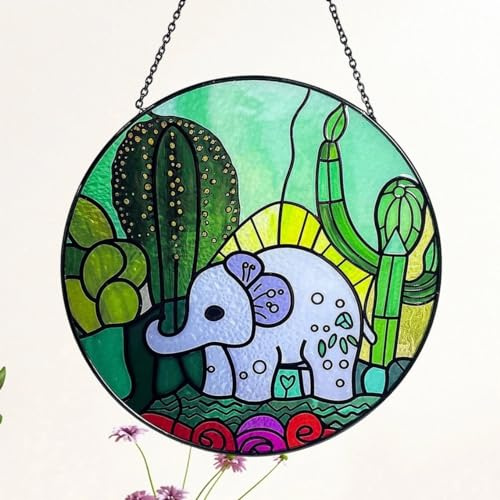 Stained Glass Window Hanging Suncatcher – 7.8'' Handcrafted Circular Charming Elephant and Succulent Design with Vibrant Colors, Ideal for Home Décor Gifts