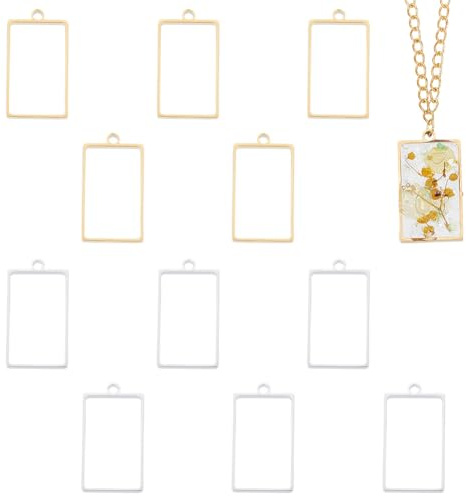 UNICRAFTALE 12pcs 2 couleur Pendentifs Cadre Resine Epoxy Acier Inoxydable Rectangulaire Rond Pendentifs à Lunette Ouverte Moules Résine Époxy Plateau Géométrique Fleur Pressée Bijoux pour Collier