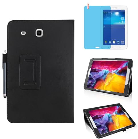 Tablet Leder Hülle für Samsung Galaxy Tab 3 Lite 7.0 Inch 2014 (SM-T110 T111 T113 T116), Mehrwinkel Ständer Voll schützendes Tablette Cover,Mit Stylus Pen,Bildschirm Film (Black)