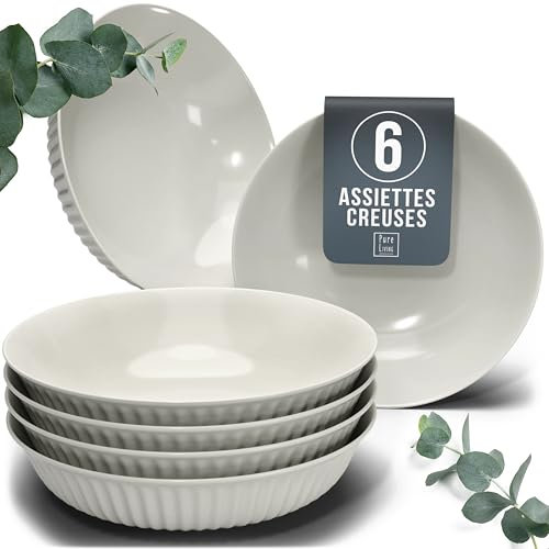 Steingut Suppenteller 6 Personen Hygge TESTSIEGER, Traumhaftes Skandinavisches Steingut Tiefe Teller Set, Pasta Teller Tief Groß - Pure Living in Beige