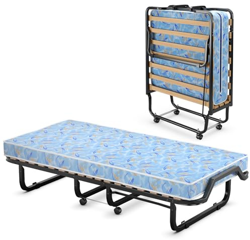 GOPLUS Gästebett 90×200 cm, Einzelbett klappbar mit Memoryschaummatratze, Stahlrahmen, 4 Universalrollen, Klappbett für Gästezimmer, Camping, Büro, Schlafzimmer & Wohnzimmer (Blau, 90×200 cm)