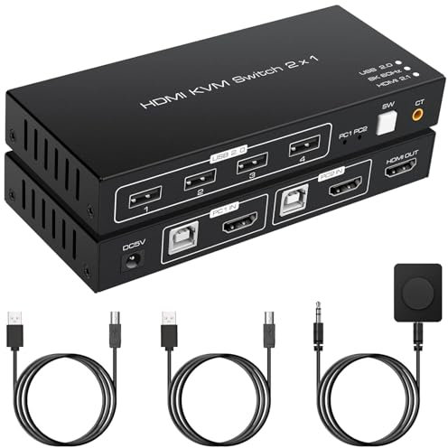 VPFET KVM Switch HDMI 2 Porte 8K60Hz 4K120Hz 4 Porte USB 2.0 per 2 Computer 1 Monitor Share Tastiera Mouse Stampante Supporto Wire Desktop Controller Include 2 Cavi USB 2.0