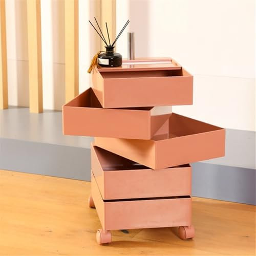 Mehrschichtiger beweglicher Nachttisch, Kosmetikwagen mit 5 Schubladen, Beistelltisch-Organizer mit Rollen für das Wohnzimmer (rot) (Pink)