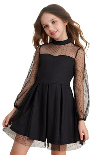 BOVOSHA Girls Dresses for Kids Summer Dress for Girl Casual Mesh Party Dress Long Sleeve A-Line Black (Black, 11-12T/160)