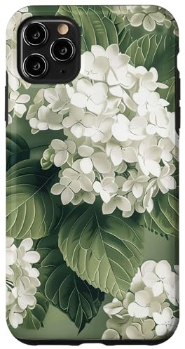 iPhone 11 Pro Max Pretty White Floral Hydrangeas Pattern Sage Green Case