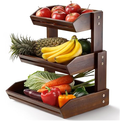HOLANA Acacia - Cesta de frutas de 3 niveles para mostrador, frutero de madera para organizador de encimera de cocina, almacenamiento de verduras y productos, cesta de madera y organizador de
