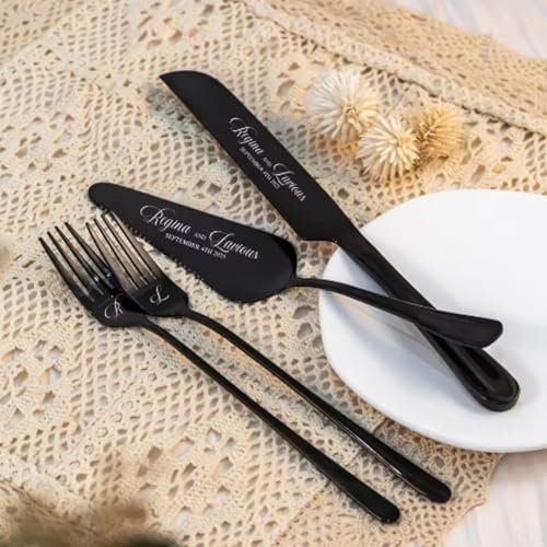 JinFu dian Juego de cuchillos personalizados para tartas de boda, acero inoxidable, cortador de pastel personalizado para boda, aniversario, cumpleaños (negro, 1 juego)