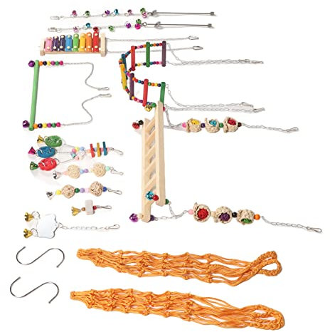 Vomeko 12 pièces poulailler Jouets coloré Lyre balançoire Pont Suspendu échelle fourchettes à Fruits Miroir rotin Boule chaîne Ensemble