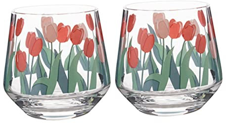 OFFSCH Vasos De Vidrio Multiusos Vintage 400 Ml, Copas De Tulipán Retro Cortas, Cristal Transparente, para Leche y Jugos, Set De 2 Unidades, Adecuado para Uso Diario y Café