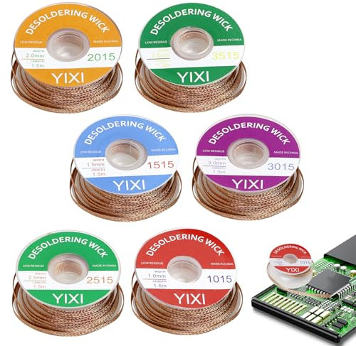 6 Piezas Malla Desoldadora sin Limpieza, 1.5M Alambre Desoldador de Cobre(1.0/1.5/2.0/2.5/3.0/3.5mm), para Quitar Soldaduras y Desmontar Componentes Electrónicos
