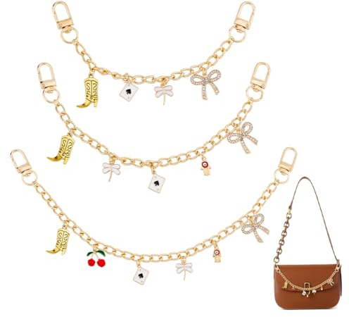 Hobbspring 3 Stück Goldene Dekorative Taschenkette 3 Größen Ersatz Verlängerungstaschenkette Geldbörsenketten Mit Kirsch Libellen Schleife Stiefel Emaille Anhänger Für Damen Umhängetaschen Dekor