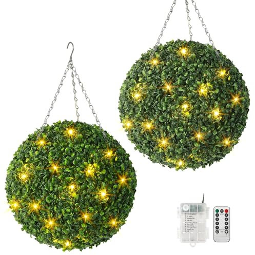 Litake Pianta artificiale, sfera di bosso, 40 cm, con 30 luci a LED, funzionamento a batteria a 8 modalità e telecomando, uso balcone, giardino, matrimonio e decorazione per la casa, confezione da 2