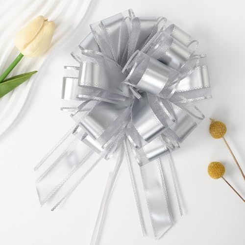 Geschenkschleife Silber Groß(16cm),10 Stück Geschenkbänder Ziehschleife Silber,Geschenk Schleife für Hochzeit Geburtstag Geschenkverpackung