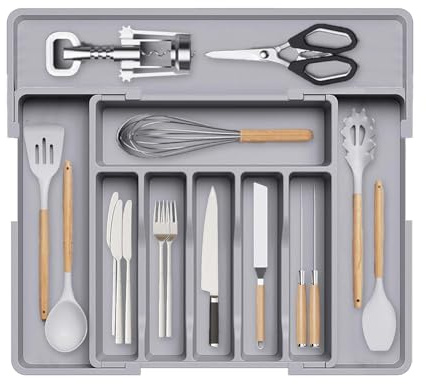 Wnddle Organizador Cubiertos para Cajon, Organizador de Cubiertos Expandible, Bandeja de cubiertos expandible para cajón de cocina, Separador Vajilla de Plástico para Almacenaje Cocina (Gris)