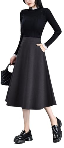BiilyLi Gonna Lunga Invernale Donna Vintage Vita Alta Scozzese Gonne Elegante A-Linea Autunno Midi Skirt con Tasca Grigio Scuro -M(Vita Elastica: 73 cm)