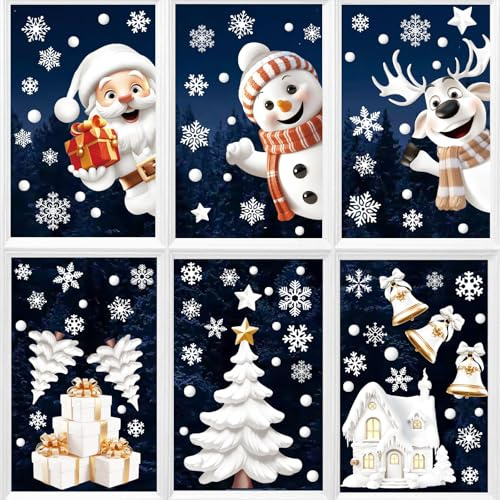 Inreeme Vetrofanie Natalizie per Finestre 9 Fogli - Adesivi Natalizi per Finestre Riutilizzabile, Vetrofania Natale per Vetrine Rimovibile, Decorazioni Natalizie Addobbi Natalizi per Casa e Negozi | Adesivi per finestre di Natale con fiocco di neve, adesivi per finestre di Natale su entrambi i lati, adesivi per vetro