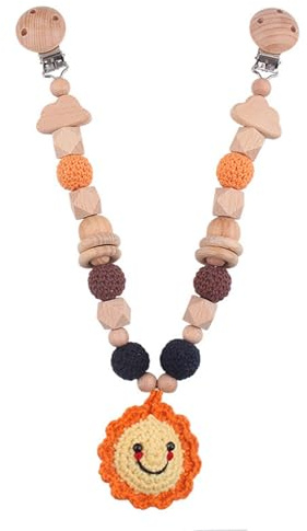 Ueiwffzo Kinderwagen Kette für Babys, Gehäkelt Sonne Mond Anhänger Baby Mobile Kinderwagenkette aus Holz, Babyspielzeug Kinderwagen Spielzeug für Babys (Sonne)