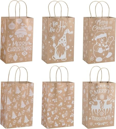 VEYLIN 12 Stück Weihnachts Geschenktaschen, Kraftpapier Geschenktüten mit Weihnachtsmotiven, 15 x 9 x 23 cm (6pcs-weiß)