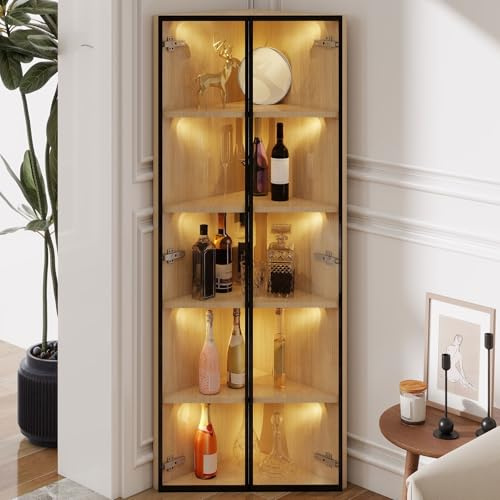 Glasvitrine mit LED Beleuchtung, Eckvitrine mit Aluminiumrahmen, Vitrinenschrank Holz mit 5-Lagige Trennwand, Eckschrank Wohnzimmer, Vitrine für Wohnzimmer, Flur, Büro Geeignet, 62x35x160cm (Stil A)