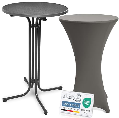 Beautissu Stehtisch mit Hussen – Klappbarer Stehtisch 70 cm Grau inkl. Stretchhusse Anthrazit – rutschfest, Waschbar & Bügelfrei – Outdoor Bistrotisch Kratzfest & Wetterfest Bellini & Stella