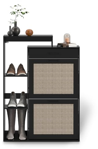 HULANAN Meuble à chaussures 80×24,5×109 cm, avec Armoires à chaussures à 2 Portes Battantes et Compartiment Ouvert, pour Couloir et Entrée,Noir